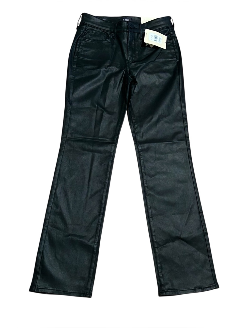 New NYDJ Marilyn Straight Black Coated Jeans Size 6 LiftxTuck